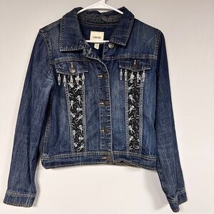 Black & White Skeleton fabric on an Upcycled Cherokee Denim Jacket., XL 14 / 16